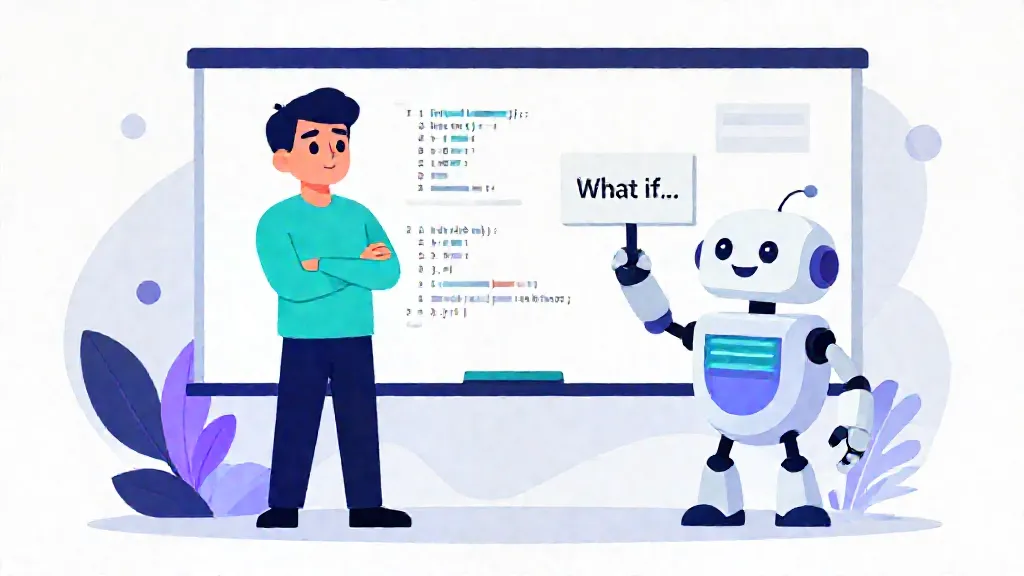 Ein skeptischer Entwickler und ein Roboter mit einem Schild „What if…“ am Whiteboard