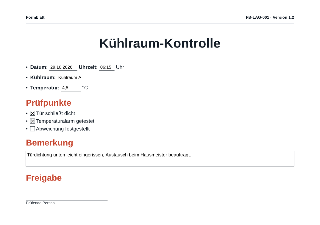 Das ausgefüllte Formblatt