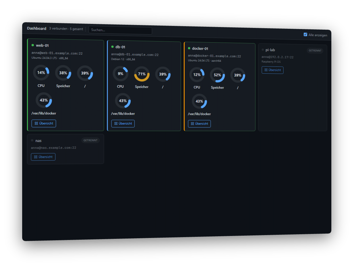 Multi-Host-Dashboard mit Live-Gauges
