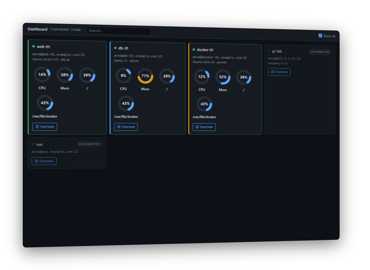 Multi-host dashboard with live gauges