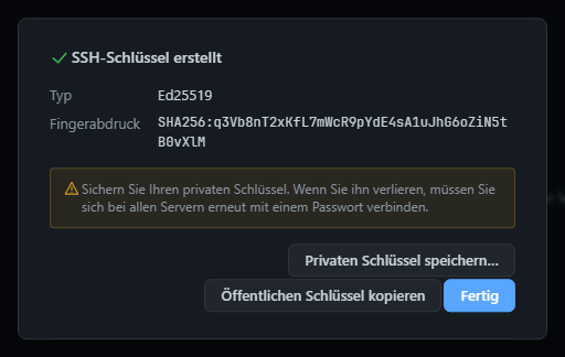 Neuer SSH-Schlüssel erstellt – Fingerprint und Backup-Hinweis