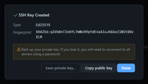 New SSH key created — fingerprint and backup reminder