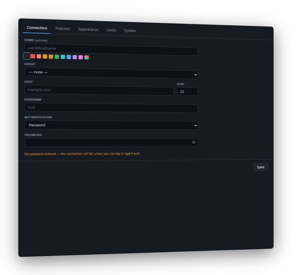 New connection dialog