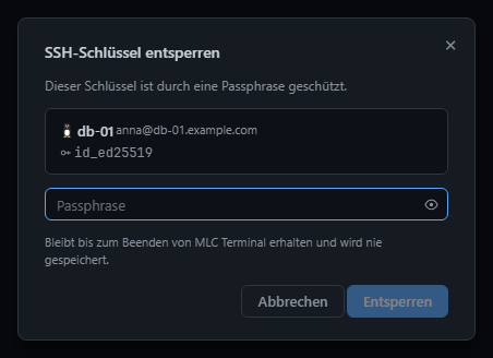 Schlüssel mit Passphrase entsperren – nur für diese Sitzung