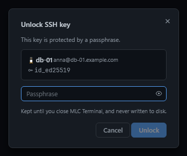 Unlocking a key with a passphrase — kept for this session only